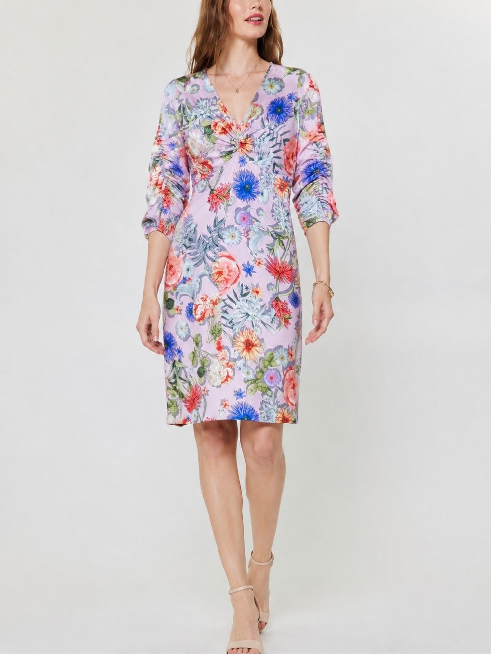 Basler Germany Ruched Floral Garden Sheath Midi Dress in Light Blush Pink
